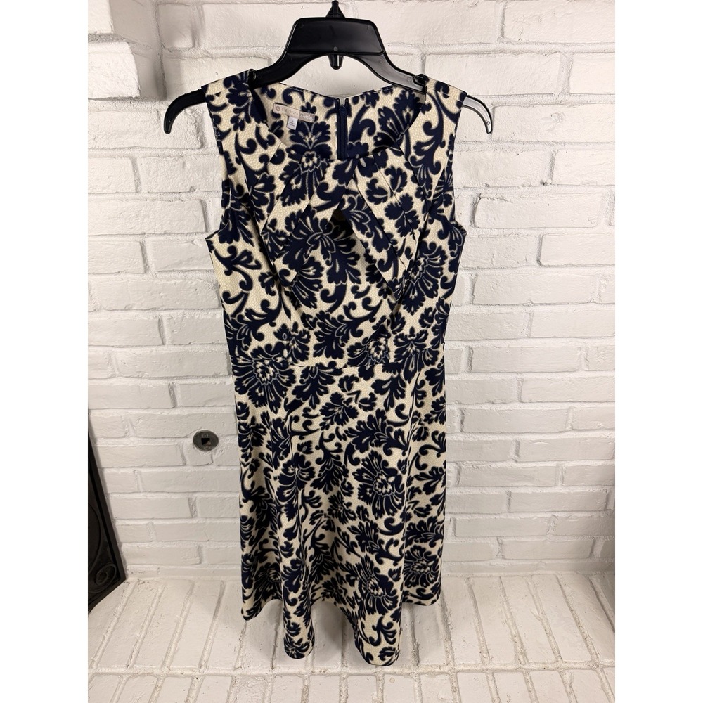 Signature Darby Size 6 Navy Cream Damask Fit Flare Dress Pleated Bow Neck